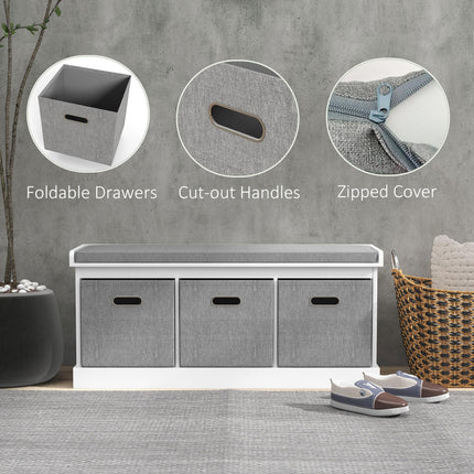 Three-Drawer Shoe Storage Bench with Padded Seat - White