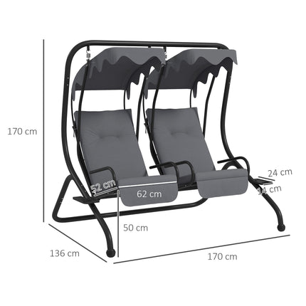 Modern Canopy Garden Swing Chair with 2 Seats, Cushions & Removable Shade Canopy - Grey