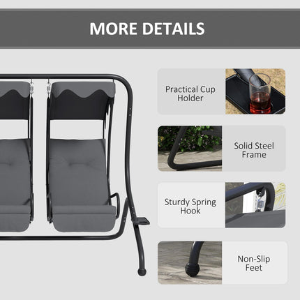 Modern Canopy Garden Swing Chair with 2 Seats, Cushions & Removable Shade Canopy - Grey