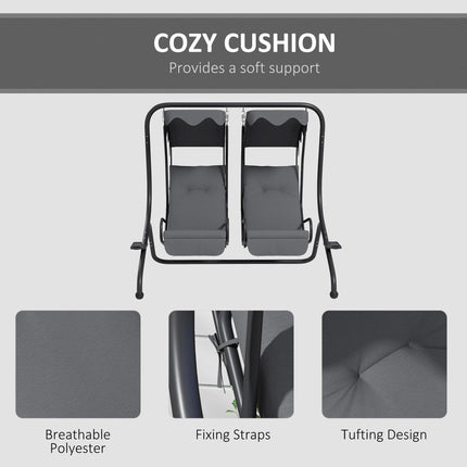 Modern Canopy Garden Swing Chair with 2 Seats, Cushions & Removable Shade Canopy - Grey
