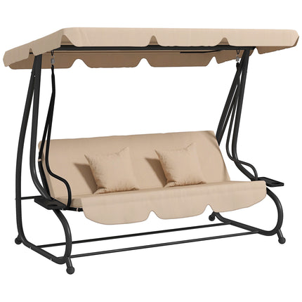 Three-Person Garden Swing Chair with Adjustable Canopy - Light Brown