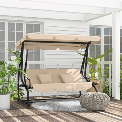 Three-Person Garden Swing Chair with Adjustable Canopy - Light Brown