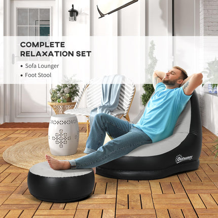 Inflatable Sofa Chair and Footstool Set with Cup Holder for Gaming, Reading, and Movies - Grey