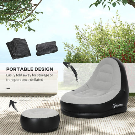 Inflatable Sofa Chair and Footstool Set with Cup Holder for Gaming, Reading, and Movies - Grey