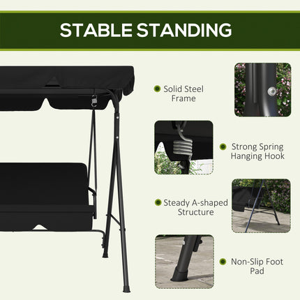 3-Seat Garden Swing Chair with Adjustable Canopy for Patio - Black