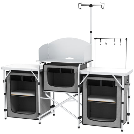 Portable Folding Camping Kitchen Table with Cupboards and Windshield - Grey