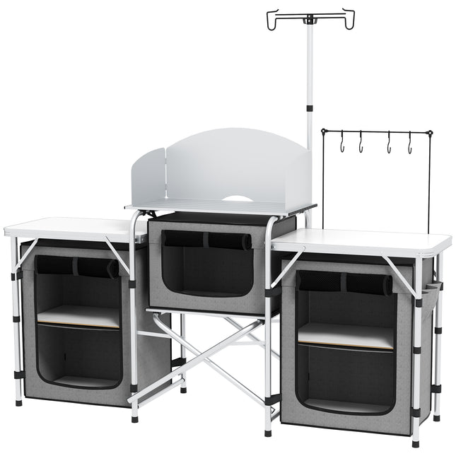 Portable Folding Camping Kitchen Table with Cupboards and Windshield - Grey