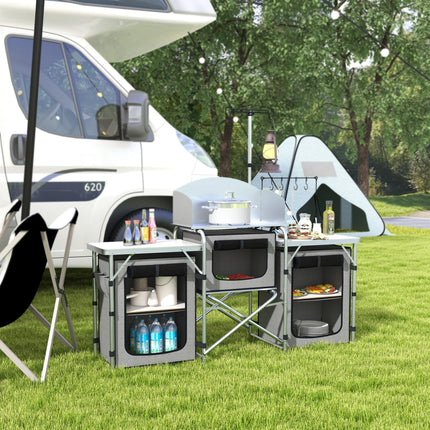 Portable Folding Camping Kitchen Table with Cupboards and Windshield - Grey