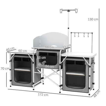 Portable Folding Camping Kitchen Table with Cupboards and Windshield - Grey