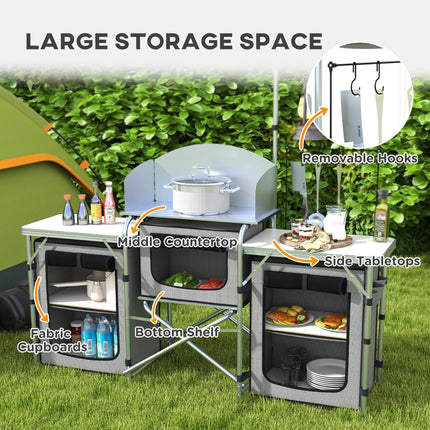 Portable Folding Camping Kitchen Table with Cupboards and Windshield - Grey