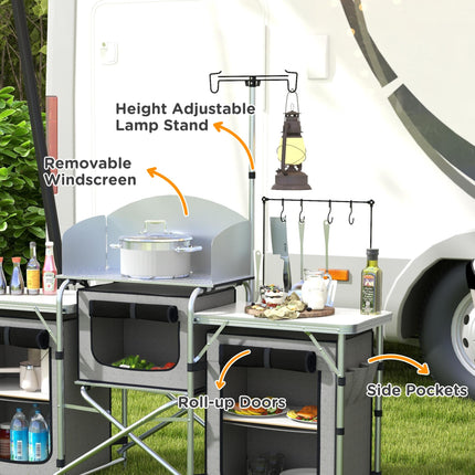 Portable Folding Camping Kitchen Table with Cupboards and Windshield - Grey