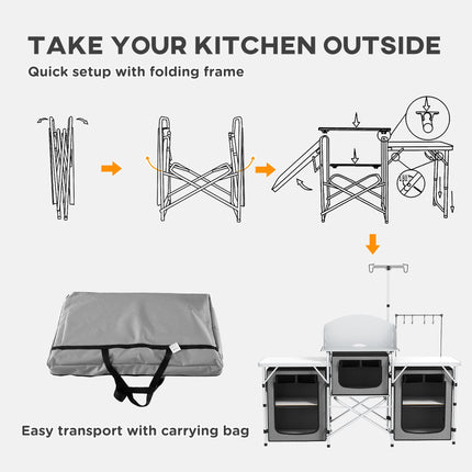 Portable Folding Camping Kitchen Table with Cupboards and Windshield - Grey