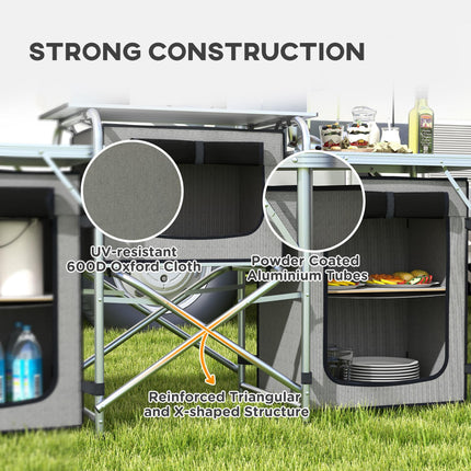 Portable Folding Camping Kitchen Table with Cupboards and Windshield - Grey