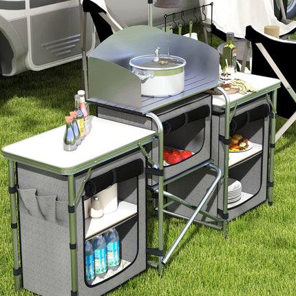 Portable Folding Camping Kitchen Table with Cupboards and Windshield - Grey