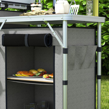 Portable Folding Camping Kitchen Table with Cupboards and Windshield - Grey