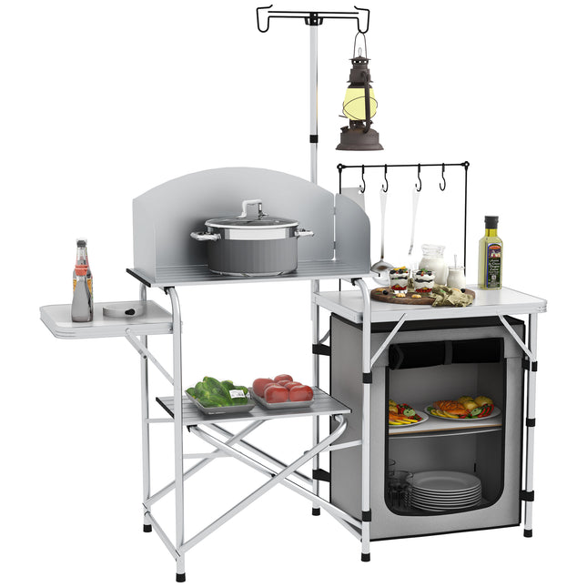 Portable Camping Kitchen Set with Storage Cupboard and Adjustable Light Stand - Silver