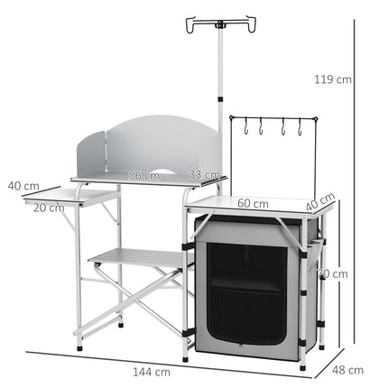 Portable Camping Kitchen Set with Storage Cupboard and Adjustable Light Stand - Silver