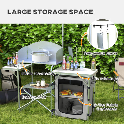 Portable Camping Kitchen Set with Storage Cupboard and Adjustable Light Stand - Silver