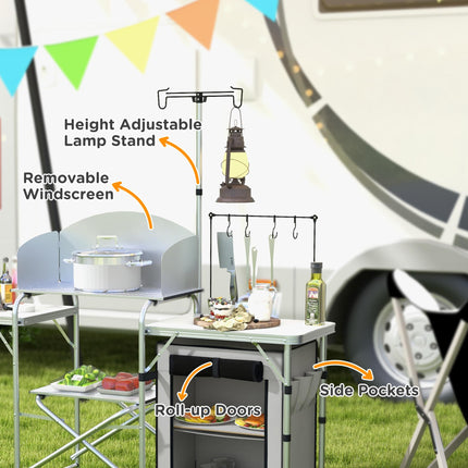 Portable Camping Kitchen Set with Storage Cupboard and Adjustable Light Stand - Silver