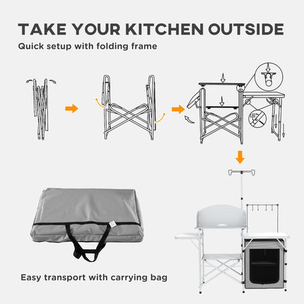 Portable Camping Kitchen Set with Storage Cupboard and Adjustable Light Stand - Silver