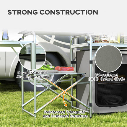 Portable Camping Kitchen Set with Storage Cupboard and Adjustable Light Stand - Silver