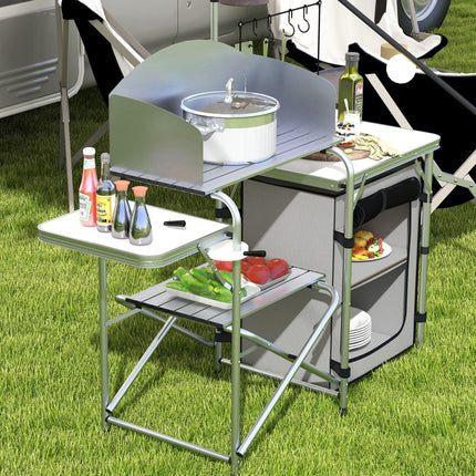 Portable Camping Kitchen Set with Storage Cupboard and Adjustable Light Stand - Silver