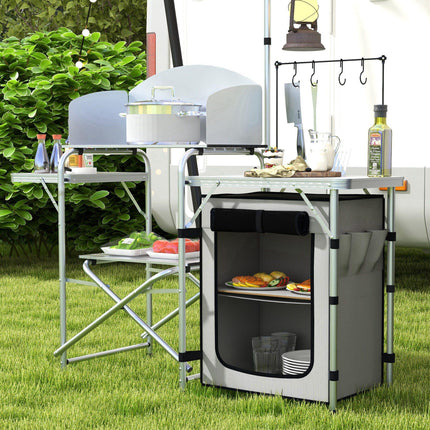 Portable Camping Kitchen Set with Storage Cupboard and Adjustable Light Stand - Silver