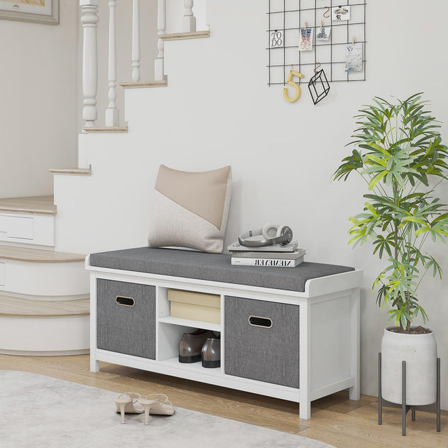 Shoe Storage Bench with Cushion Seat and Drawers - White/Grey