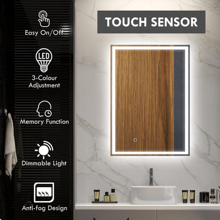 Dimmable LED Bathroom Mirror 70x50cm with Anti-Fog & Smart Touch - Silver