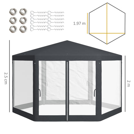 4 Metre Hexagon Steel Frame Gazebo with Netting - Dark Grey