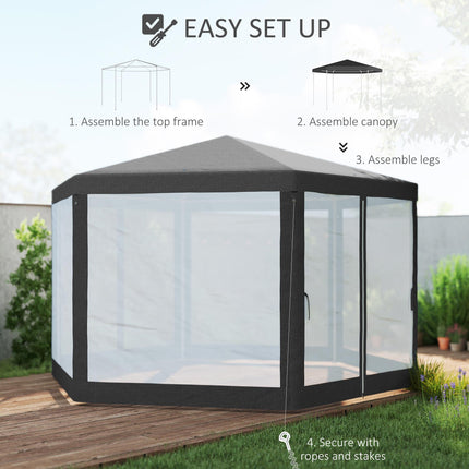 4 Metre Hexagon Steel Frame Gazebo with Netting - Dark Grey