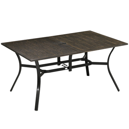 Six-Seater Steel Garden Dining Table with 41mm Parasol Hole - Wood Effect Brown