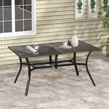 Six-Seater Steel Garden Dining Table with 41mm Parasol Hole - Wood Effect Brown