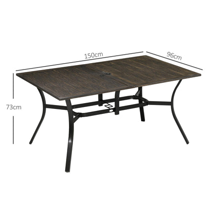 Six-Seater Steel Garden Dining Table with 41mm Parasol Hole - Wood Effect Brown
