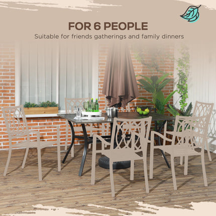 Six-Seater Steel Garden Dining Table with 41mm Parasol Hole - Wood Effect Brown