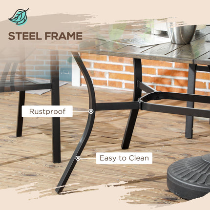Six-Seater Steel Garden Dining Table with 41mm Parasol Hole - Wood Effect Brown