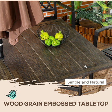 Six-Seater Steel Garden Dining Table with 41mm Parasol Hole - Wood Effect Brown