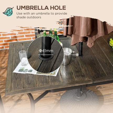 Six-Seater Steel Garden Dining Table with 41mm Parasol Hole - Wood Effect Brown