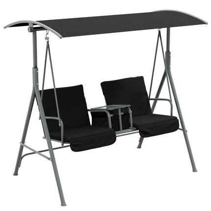 2 Seater Garden Swing Chair with Tilting Canopy, Padded Seats, Storage Bag & Tray - Black