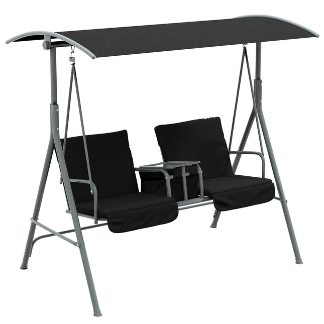 2 Seater Garden Swing Chair with Tilting Canopy, Padded Seats, Storage Bag & Tray - Black