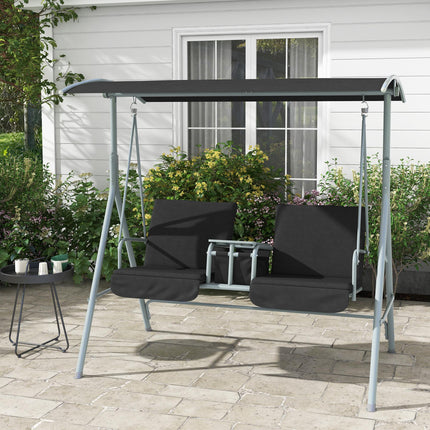2 Seater Garden Swing Chair with Tilting Canopy, Padded Seats, Storage Bag & Tray - Black