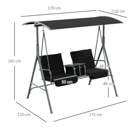 2 Seater Garden Swing Chair with Tilting Canopy, Padded Seats, Storage Bag & Tray - Black