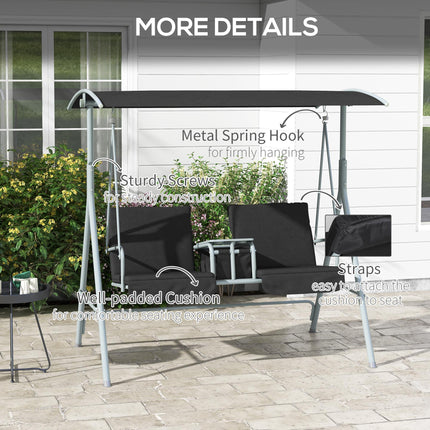 2 Seater Garden Swing Chair with Tilting Canopy, Padded Seats, Storage Bag & Tray - Black