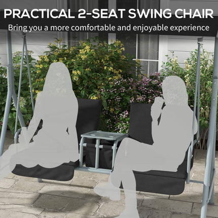 2 Seater Garden Swing Chair with Tilting Canopy, Padded Seats, Storage Bag & Tray - Black