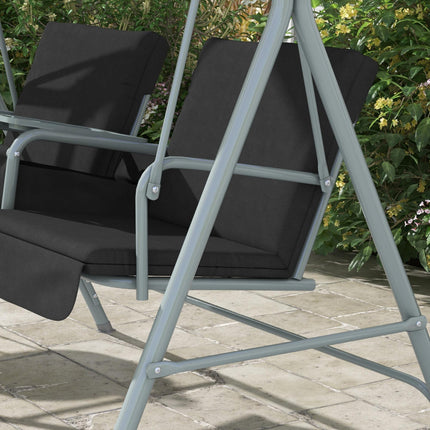 2 Seater Garden Swing Chair with Tilting Canopy, Padded Seats, Storage Bag & Tray - Black