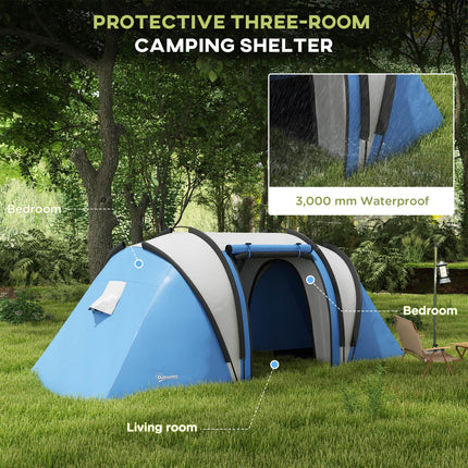 3000mm Waterproof Family Camping Tent with 2 Bedrooms - Blue