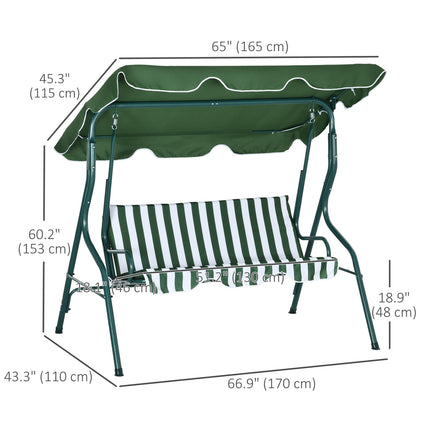3 Seater Garden Swing Seat Chair with Adjustable Canopy and Metal Frame - Green Stripes