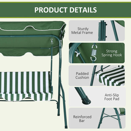 3 Seater Garden Swing Seat Chair with Adjustable Canopy and Metal Frame - Green Stripes
