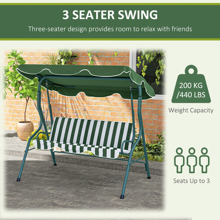 3 Seater Garden Swing Seat Chair with Adjustable Canopy and Metal Frame - Green Stripes