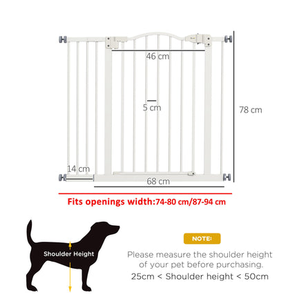Adjustable Metal Pet Gate 74-94cm with Auto-Close Door Safety Barrier - White